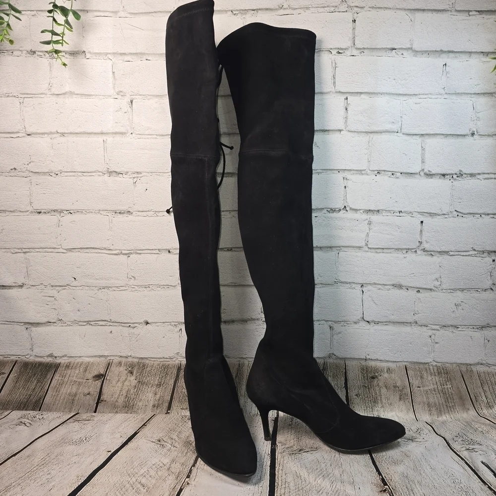 Stuart Weitzman Black Over-the-Knee Suede Tiemodel Almond Toe Womens Boots 9 EUC